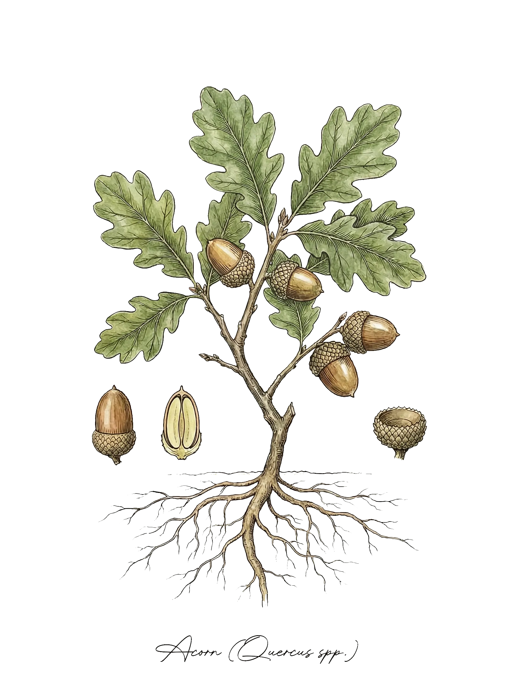 Botanical illustration of Acorn (Quercus spp.)